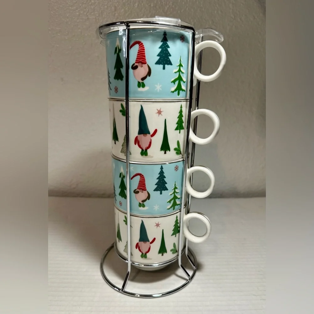 Sweet Living Collection‎ Stacking Set of 4 Mugs Christmas Gnomes Trees Rack New